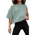 Women's Oversize Workout Crop Tops Casual Short Sleeve Drop Shoulder Boxy T-Shirts Roll Hem Basic Loose Yoga Running Tees