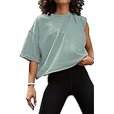 Women's Oversize Workout Crop Tops Casual Short Sleeve Drop Shoulder Boxy T-Shirts Roll Hem Basic Loose Yoga Running Tees