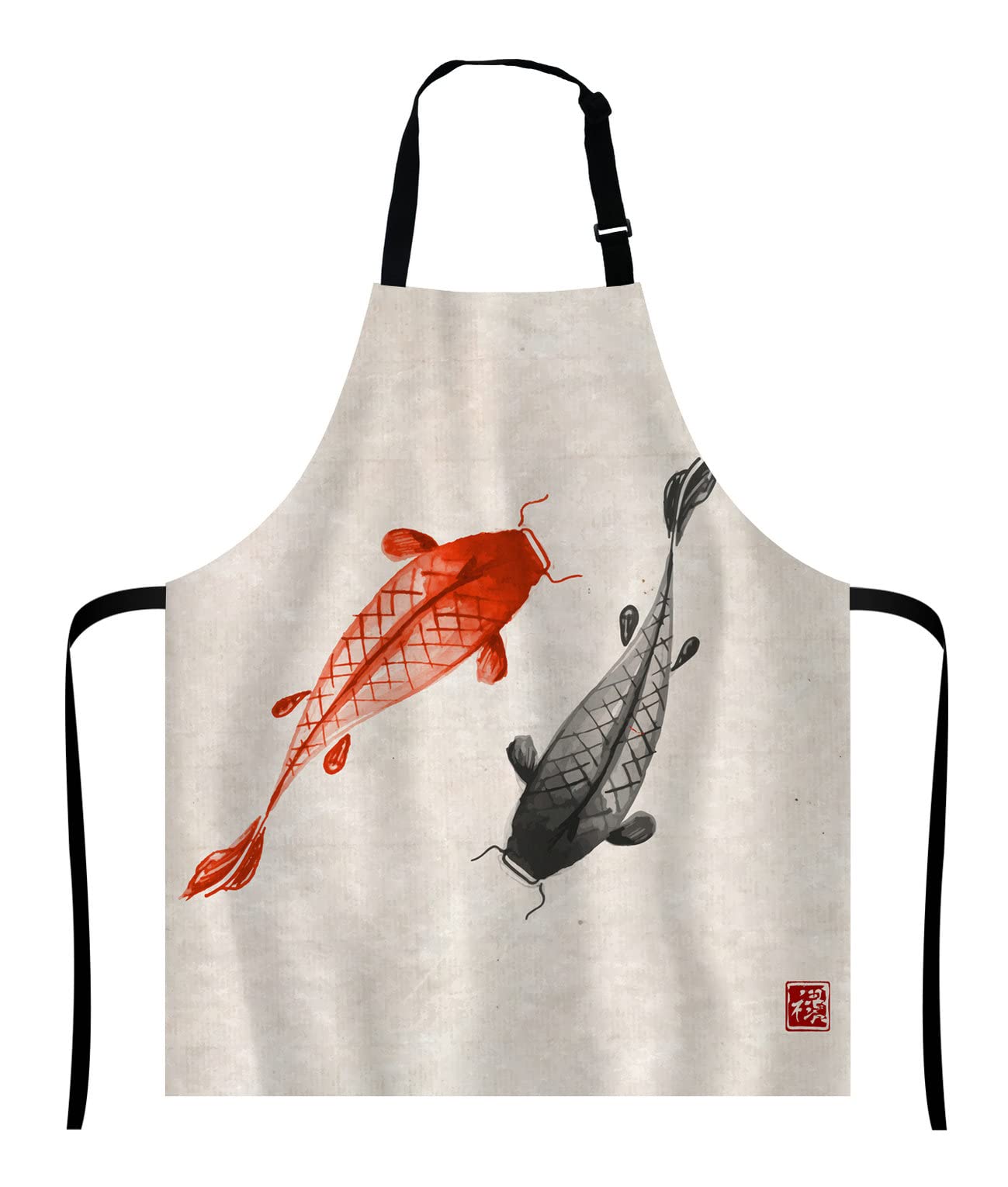 Wasach Red and black koi carps hand drawn with ink in traditional Japanese Apron,Adjustable Neck Bib for Men Women,Suitable for Kitchen Cooking Waitress Chef