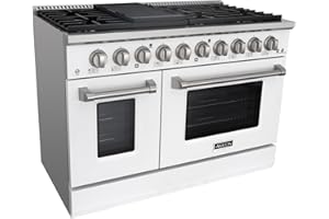 Akicon 48 Inch Freestanding Gas Range - 6.7 cu. ft. Double Rapid Convection Gas Oven - Gas Stove with 8 Sealed Burners & a Griddle, Heavy Duty Cast Iron Grates (White & Stainless Steel)