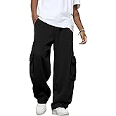 BUXKR Men's Baggy Sweatpants Wide Leg Fleece Casual Joggers Cotton Loose Drawstring Elastic Waist Pants with Pockets