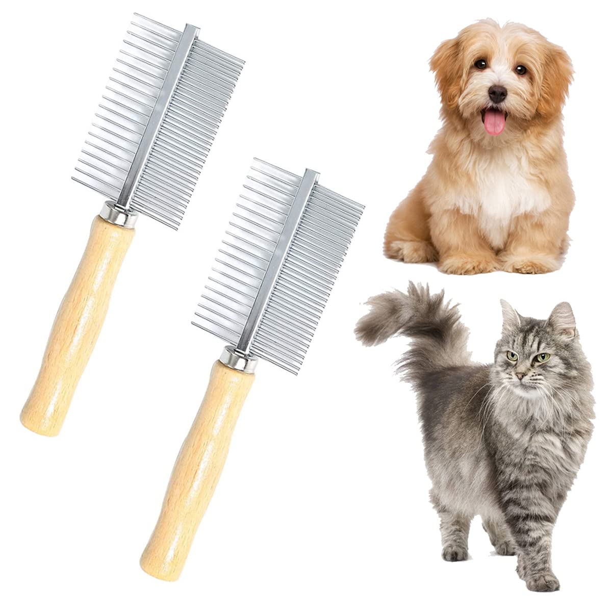2 Pcs Pet Comb Dog Grooming Comb Stainless Steel Dog Comb Double-Sided Flea Comb with Wooden Handle for Medium and Large Pets