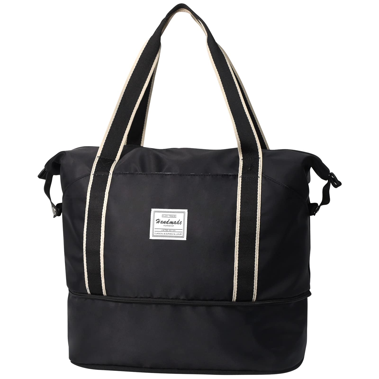 ACdream Large Travel Tote Bag, Duffle Weekender Overnight Carry On Luggage, Waterproof Sandproof Personal Item Duffel Bags for Gym, Beach, Teacher Work, with Trolley Sleeve and Wet Pocket, Black