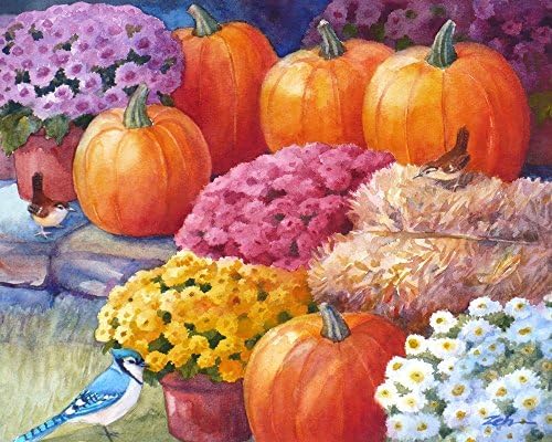 Original Flower Birds and Pumpkin Painting Janet Zeh Watercolor Autumn Wall Art 8x10