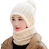 HUAMULAN Women Winter Beanie Hats One Piece Fleece Lined Knit Balaclavas Mask Set Skull Neck Circle Scarf Ski Snow Hat Pompom