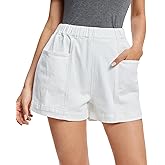 Fuinloth Women's Faux Denim Shorts, Elastic Wasit Mid Rise Loose Fit with 2 Front Pockets, Stretchy Jeans Short Pants