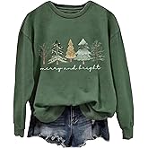 Merry Christmas Sweatshirt for Women Merry And Bright Embroidery Pullover Long Sleeve Christmas Sweaters Shirt Top