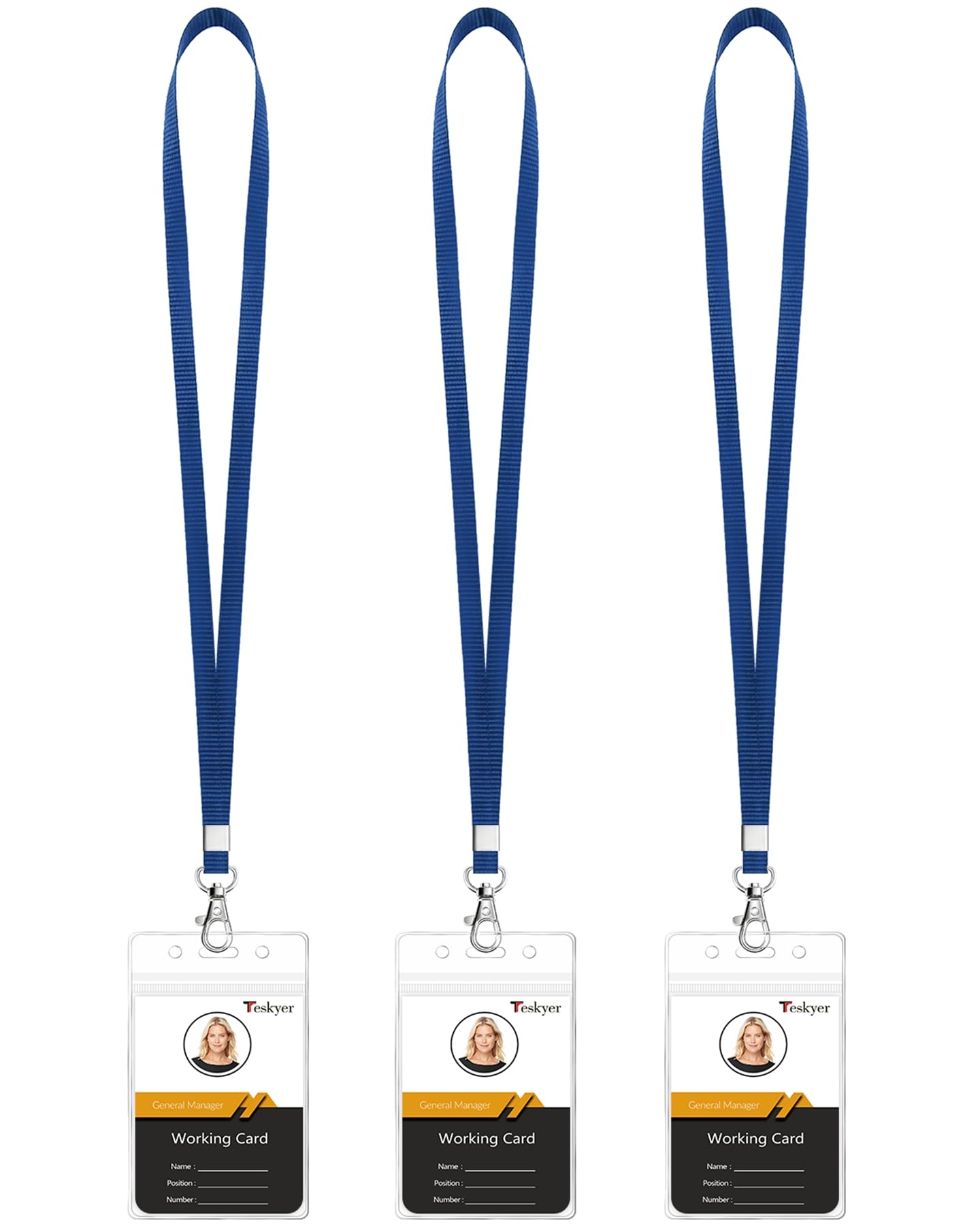 Teskyer 3 Pcs Lanyard with Card Holder, ID Badge Holder, Transparent, Waterproof, Plastic, Soft, with Resealable Zipper, Blue
