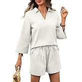 vinglam Women's Summer Linen Shorts Sets Collar Neck Casual 2 Piece Outfits