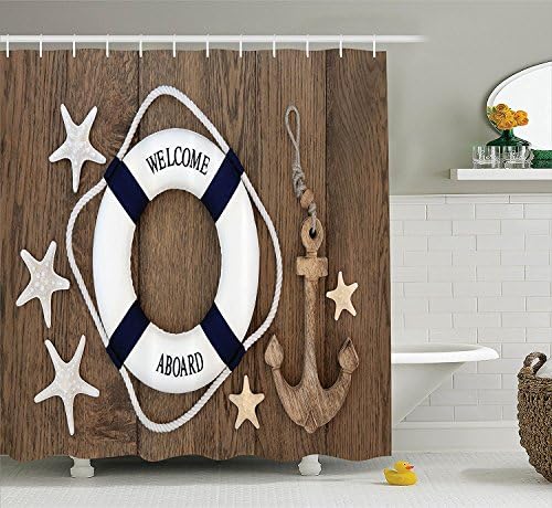 Fhddk Anchor Decor Collection, Lifebuoy Anchor and Starfish Seshells over Old Oak Background Marine Lifestyle, Polyester Fabric Bathroom Shower Curtain, Brown Blue White
