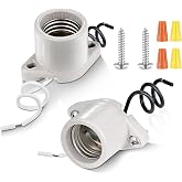Surface Mount Light Socket,E26 Medium Screw Porcelain Bulb Socket,Cleat Lamp Socket with Two Hole Flanged Mounting,Keyless Sockets with 6" Leads (2)