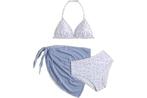 Milumia Girl's 3 Piece Bikni Set Ditsy Floral Halter Swimsuit with Cover Up Skirts