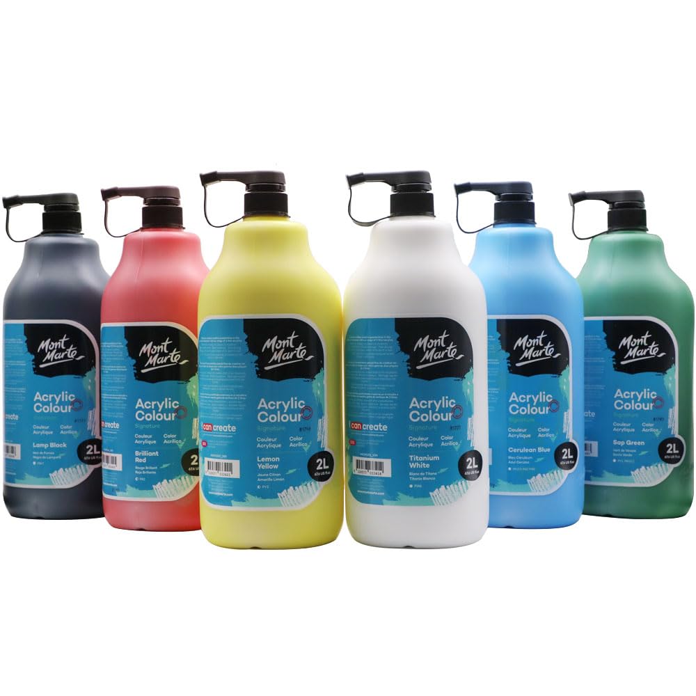 MONT MARTE Discovery School Acrylic, 6 Basic Colours, 1/2 Gallon (2 Liter). Ideal for Students and Artists. Excellent Coverage and Fast Drying. Pump Lid Included.