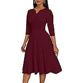 CLOCOR Midi Dresses for Women, 3/4 Sleeve A Line Pleated Casual Dress V Neck Church Cocktail Wedding Guest Dress