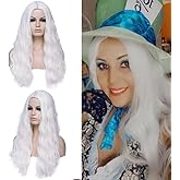 DWMGLP 24" Long White Curly Wavy Wig For Women Heat Resistant Fiber Wigs Halloween Cosplay Daily Party+Cap (White)