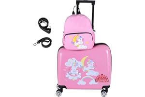 KOTEK Kids Ride on Suitcase, 18” Hardshell Carry-on Luggage with Wheels & Footrest, 12” Backpack with Anti-Lost Rope & Carry 
