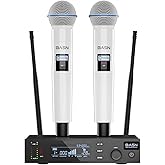 BASN UHF Dual Channel Wireless Microphone System, Handheld Mics for Stage, Karaoke, Weddings, DJ, and Events (White)
