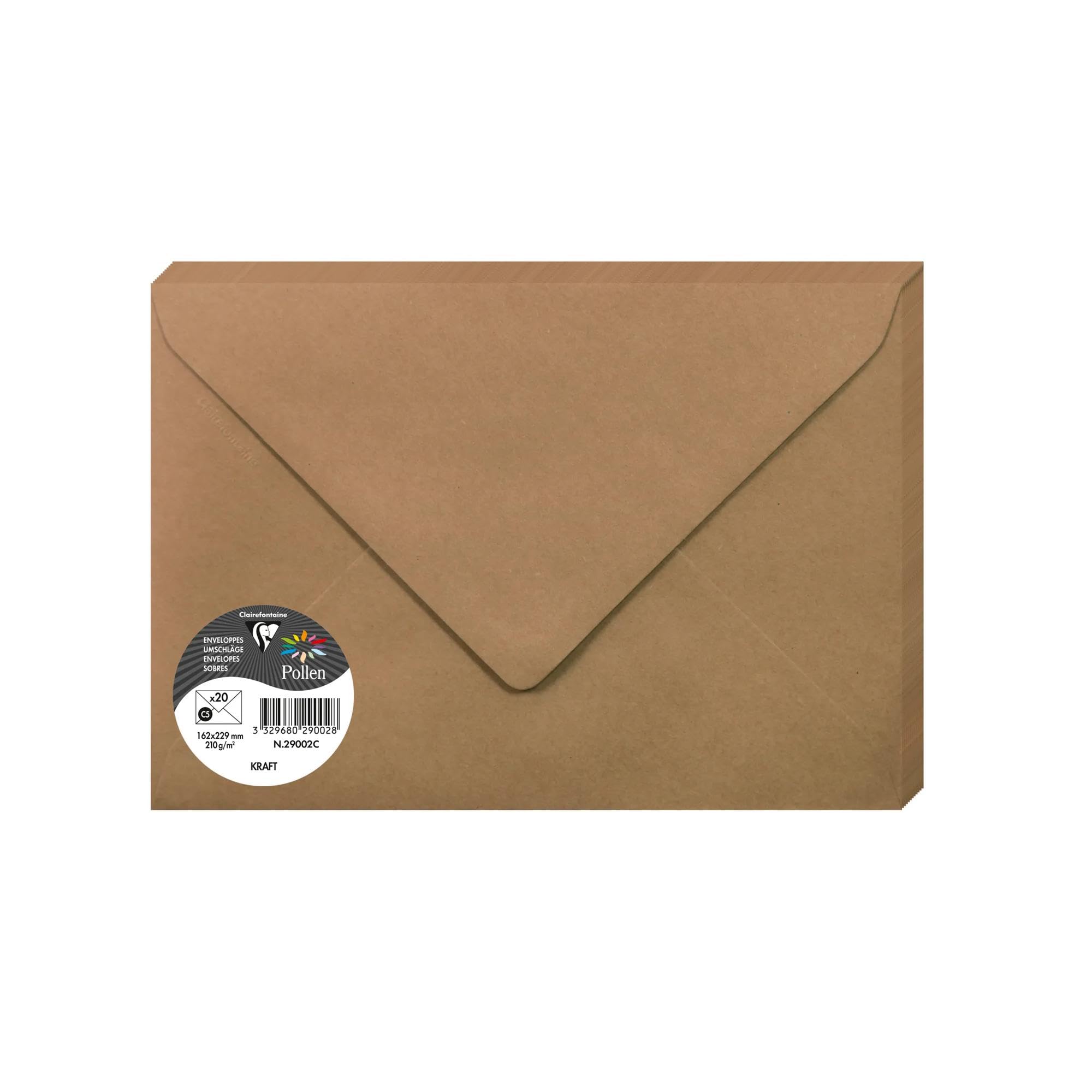 Clairefontaine 29002C Kraft Paper Pack of 20 Gummed Envelopes C5 (16,2x22,9cm) 120gsm Kraft Colour Invitation Events and Correspondence Pollen Range Premium