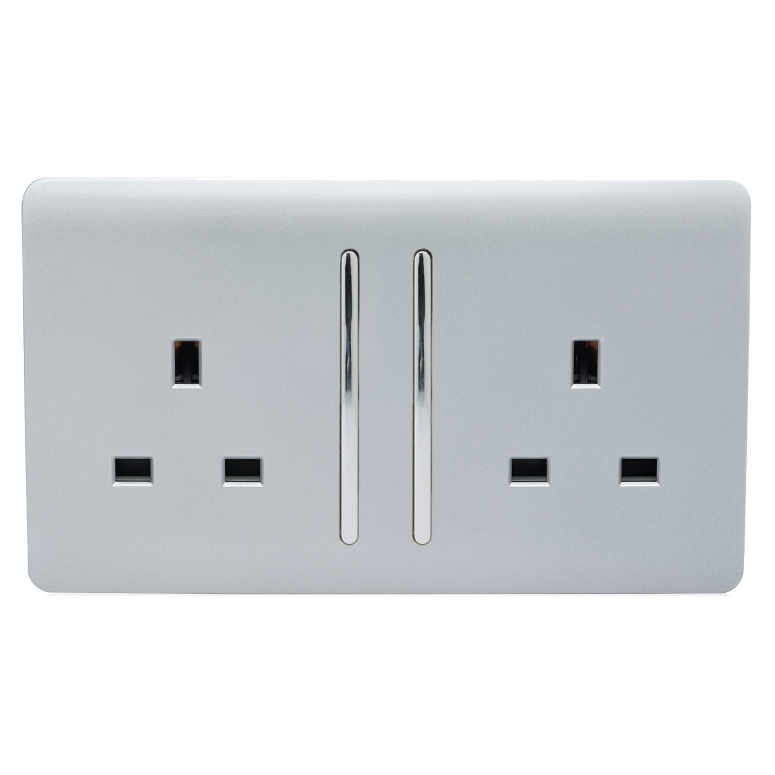 Trendi 2 Gang Raised Artistic Modern Glossy Screwless 13 Amp Single Pole with Chrome Switched UK Standard Electrical Double Wall Plug Socket in Platinum Silver - ART-SKT213LSI