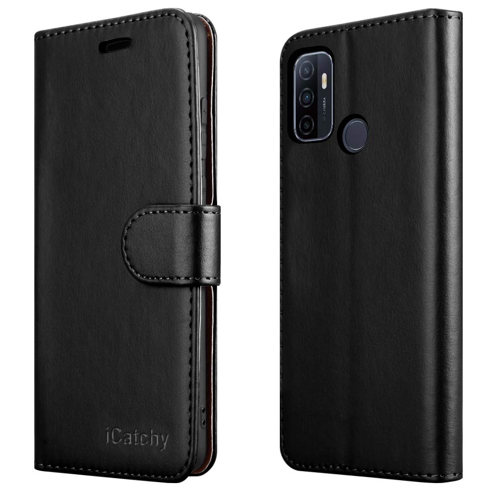iCatchy For Oppo A53 Case Leather Wallet Book Flip Folio Stand View Cover Pouch for Oppo A53 (Black)