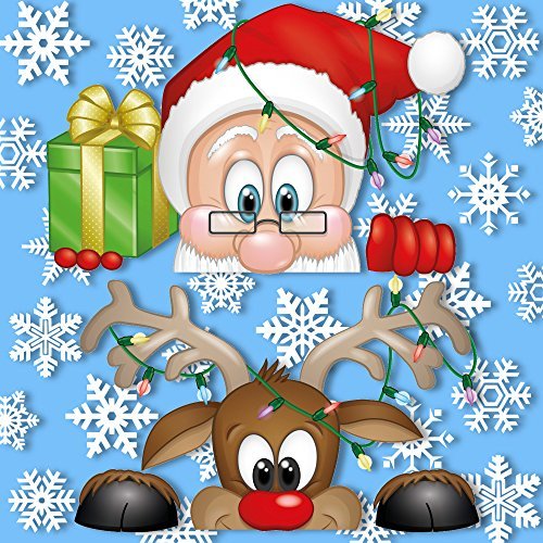 title=Vetrofanie Babbo Natale e la renna Rudolph che fanno capolino – Con 25 fiocchi