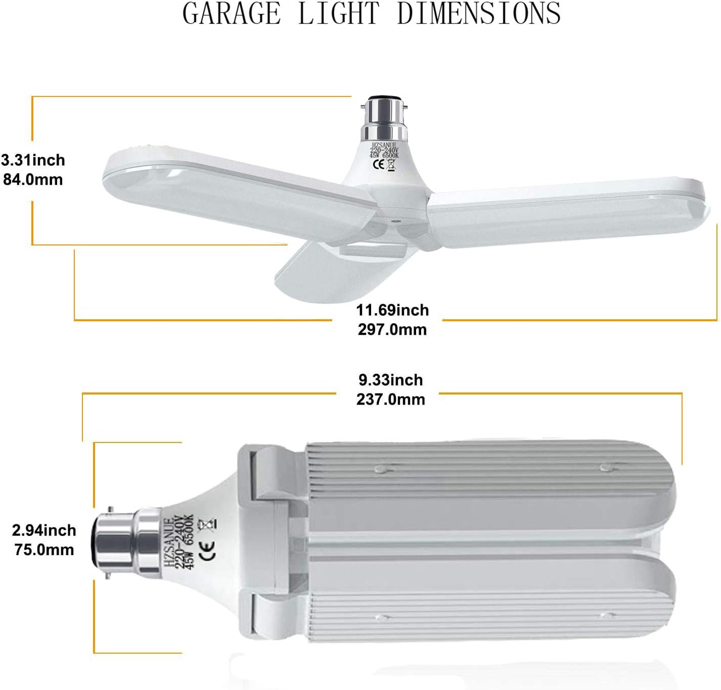 HZSANUE B22 Bayonet LED Garage Light 80W, Daylight White 6500K 9000Lm Deformable Workshop Lamp with 5 Adjustable Panels - Image 3