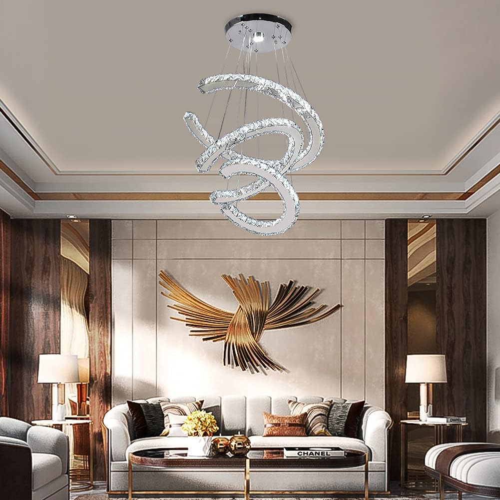 Generic Qihang Modern Crystal Chandeliers 3C LED Pendant Lamp Adjustable Stainless Steel Ceiling Lighting Bright Fixture for Living Room Dining Room Bedroom(Cool White): Home Improvement
