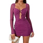 Colysmo Women's Sexy Hollow Out Long Sleeve Bodycon Mini Dress Ruched Mesh Short Dresses for Club Night Out