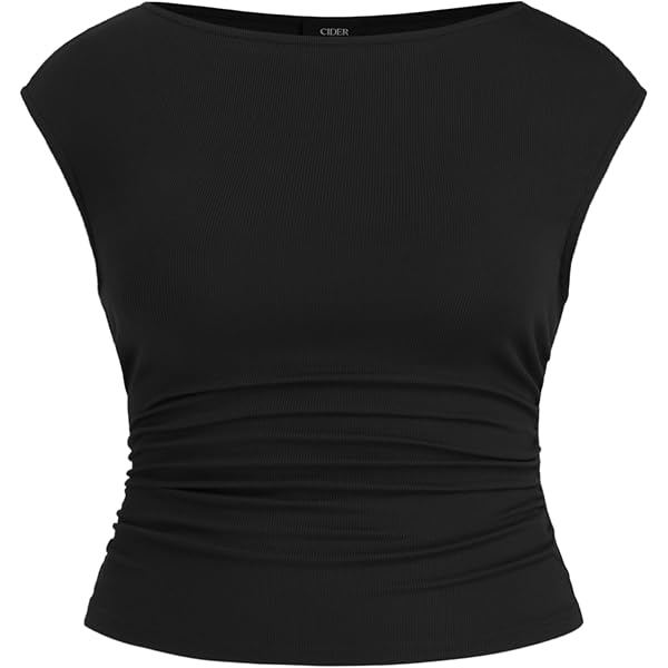CIDER Boat Neck Tops for Women Sleeveless Ruched Crop Tank Tops