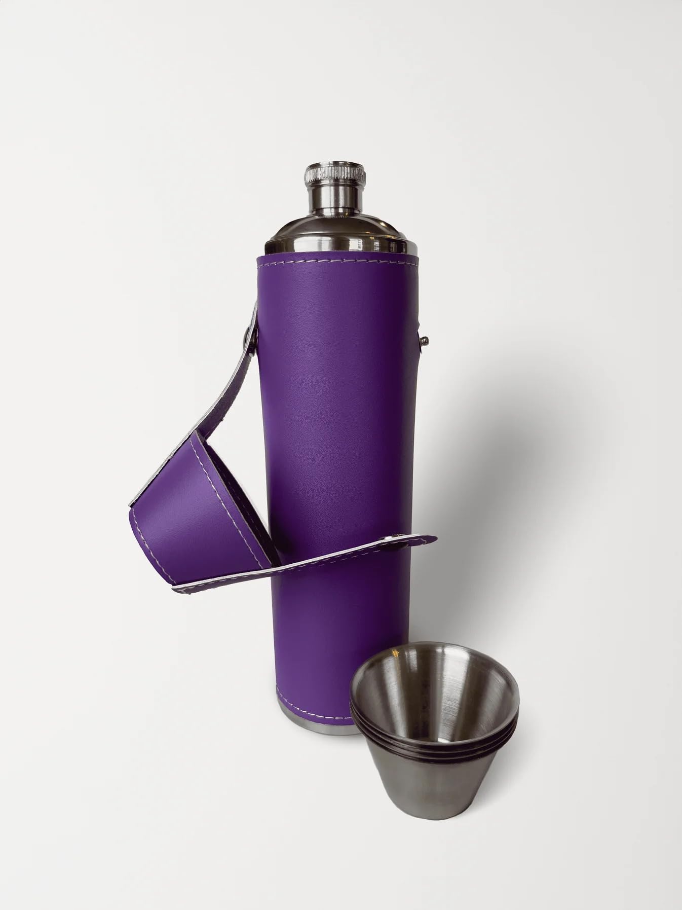 Photo 1 of Birdie Bottle 12oz Purple Flask with 4 Shot Glasses – Stainless Steel with Waterproof Leather Case, Leakproof, Travel-size