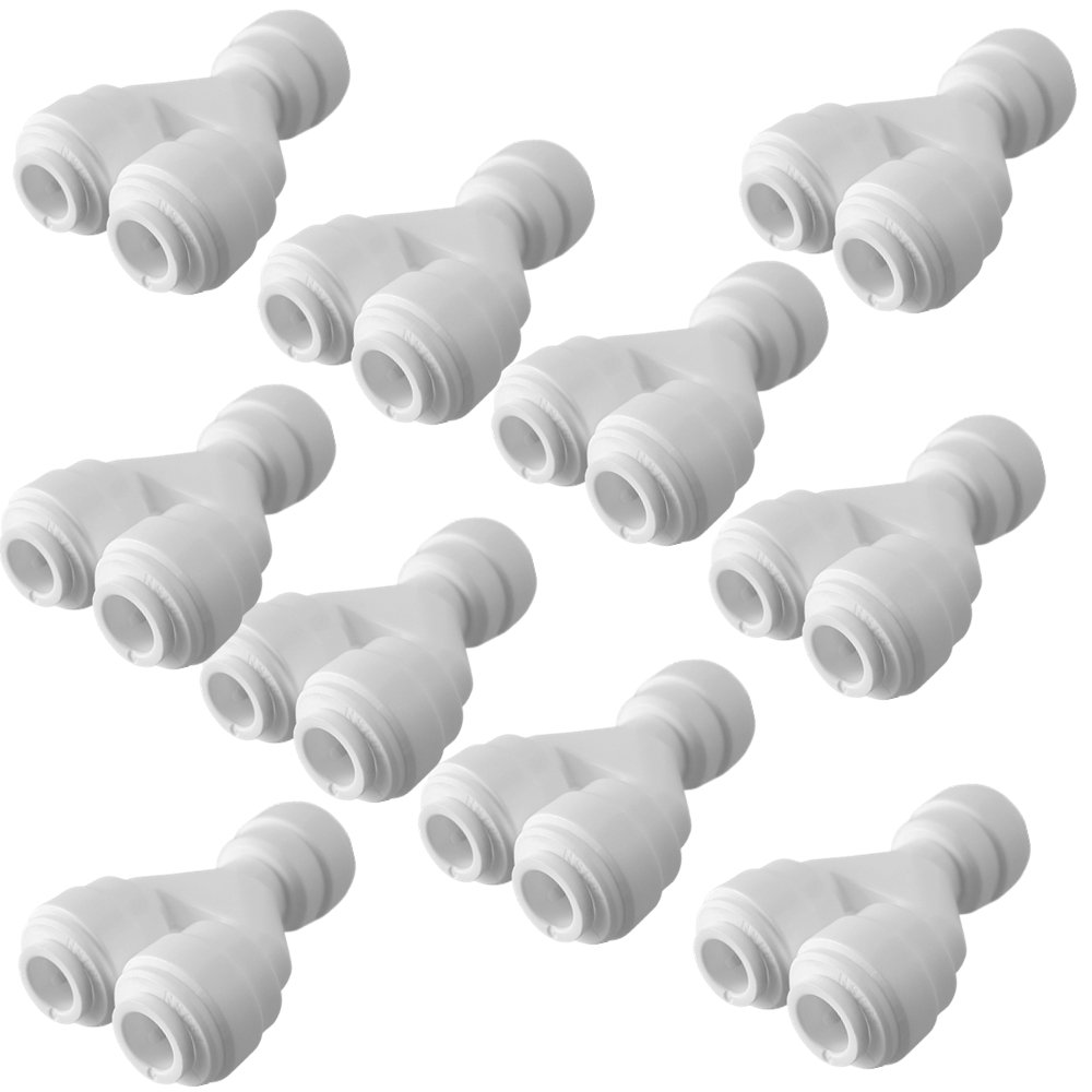 PureSec 2019 TWS1414 mini white plastic quick fitting Tube divider two way splitter Y shaped connector for tubing OD 1/4" used for RO system refrigerator ice maker coffee machine Pack of 10)