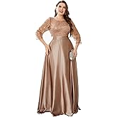 MIMIFINA Women's Plus Size Sequin Embellished with Satin A-line Hem 3/4 Sleeves Formal Evening Gown Maxi Long Dress
