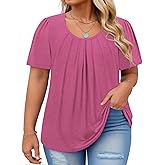 VISLILY Womens-Plus-Size-Summer-Tops Flowy Pleated T Shirts Crew Neck Short Sleeve Blouses Casual Loose Tunics Tee XL-5XL