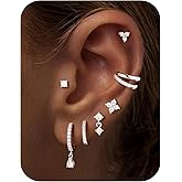 M MOOHAM Hypoallergenic Flat Back Earring Stacks for Women, 14k Real Gold Plated Surgical Steel Stud Cartilage Earrings Set Cute Helix Tragus Huggie Hoop Drop Earrings Trendy Jewelry for Women