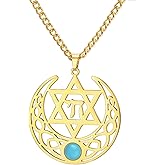 PDOUSELF Star of David Necklace Stainless Steel Hexagon Pendant Necklace with Chai Moon Element Jewish Christian Jewelry Gifts