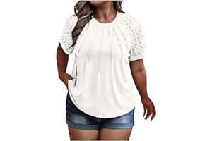 FLOLEO Womens Summer Tops Solid Color Plus Size Shirts Lace Short Sleeve Blouse Pleated Front Blouse Casual Crewneck T Shirt