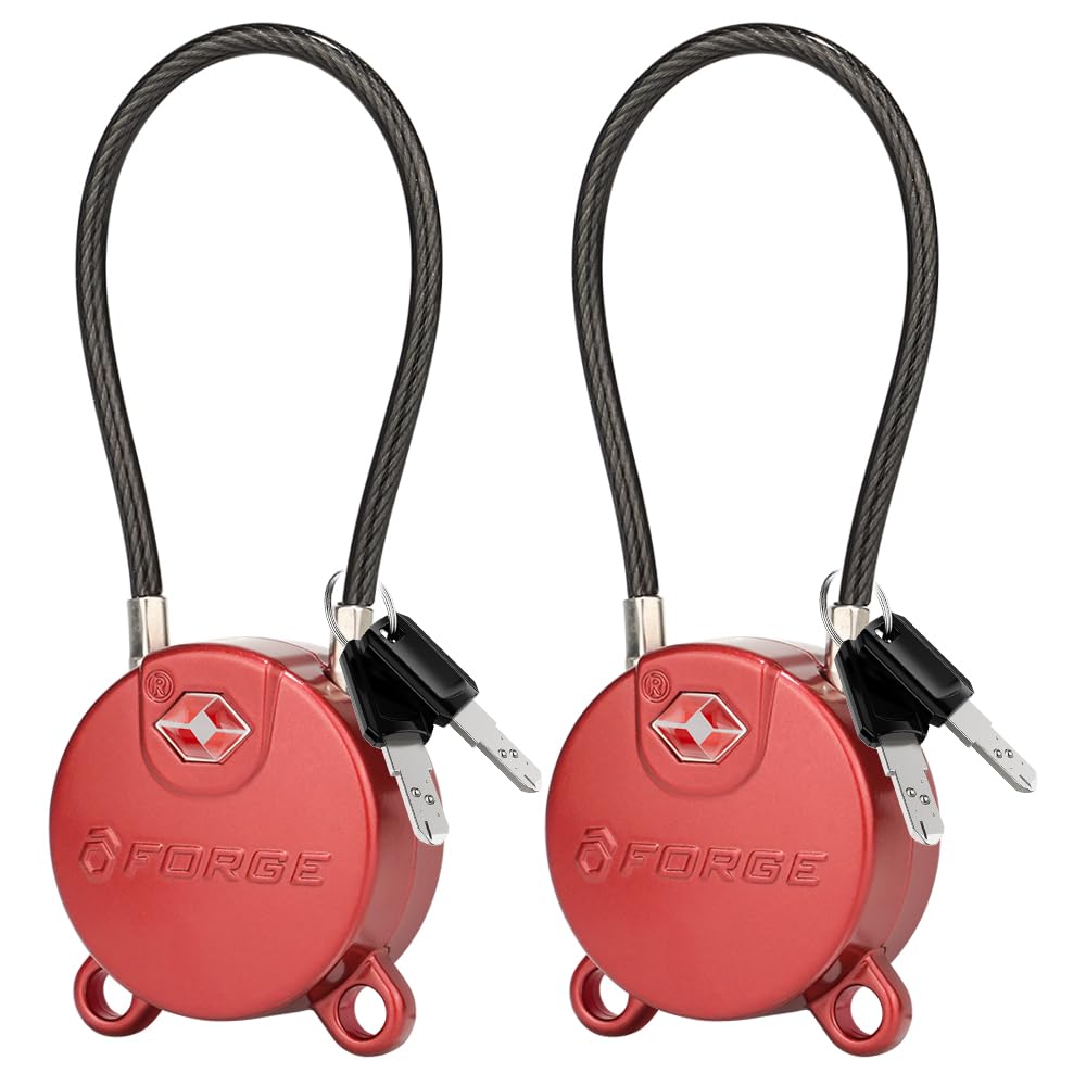 Forge TSA Approved Luggage Locks Ultra-Secure Dimple Key Cable Locks for Travel with Zinc Alloy Body- 2 Red Locks