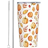 TOUNHEYA Fall Pumpkin Tumbler with Lid and Straw Orange 20oz Insulated Stainless Steel Cup Autumn Leaves Travel Coffee Mug Water Bottle for Women Gift for Birthday Christmas Thanksgiving