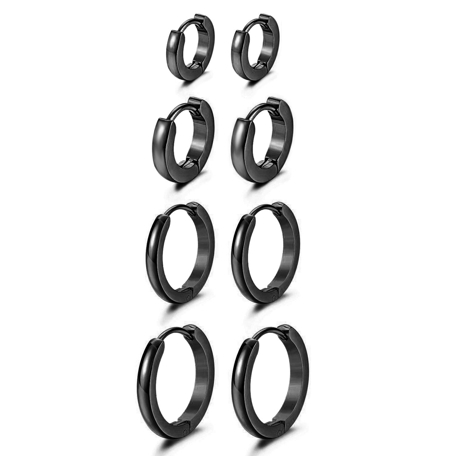 4 Pairs Men Huggie Earrings Hinged Hoop Dangle Earrings, Cupimatch Stainless Steel Ear Piercing Hoop Earrings Jewelry Set 7-14MM(Black)
