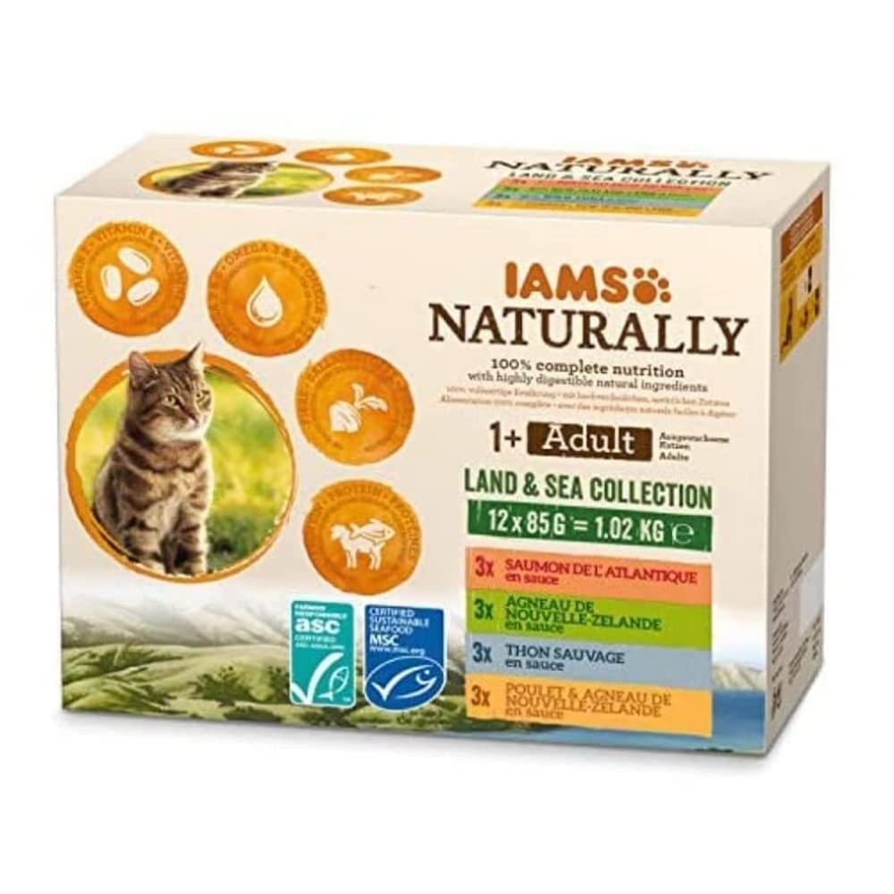 IAMS Naturally Complete Wet Cat Food for Adult 1+ Cats Meat and Fish Variety in Gravy Multipack 12 x 85 g Pouches