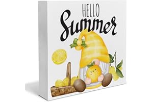 HEIJIE Hello Summer Wood Box Sign Desk Decor Lemon Gnome Wood Block Sign Decor for Home Kitchen Shelf Wall