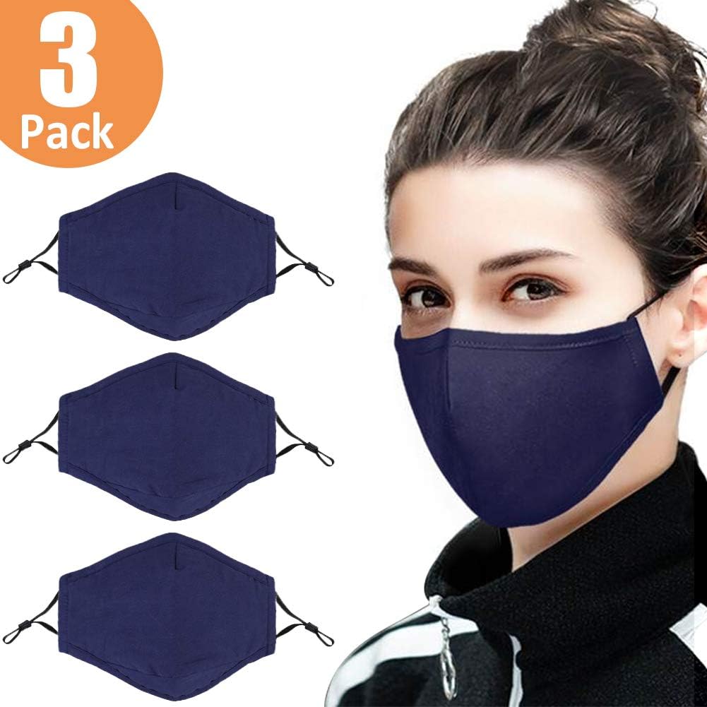 Dust Mask, 3 Pack Cotton Mouth Mask Anti Dust Pollution Mask, Washable Fashion PM2.5 Face Mask Reusable Windproof Dust Mask for Men Women with Adjustable Straps-Navy