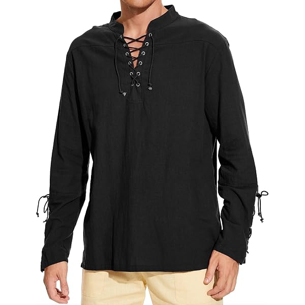 Chemise Médiévale Homme En Lin Et Coton - Style Pirate Viking - Col V Avec Lacets