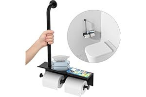 Black Toilet Grab Bar w/Double Toilet Paper Holder & Wipes, Phone Shelf, Zepolu Stainless Steel Safety Bar Assist Handle, Wall Mounted Balanced Support Handrail w/Storage Shelf for Senior Elderly