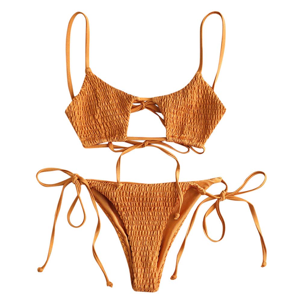 ZAFUL Women's Smocked Bikini Sexy Keyhole Shirred Spaghetti Strap Thong