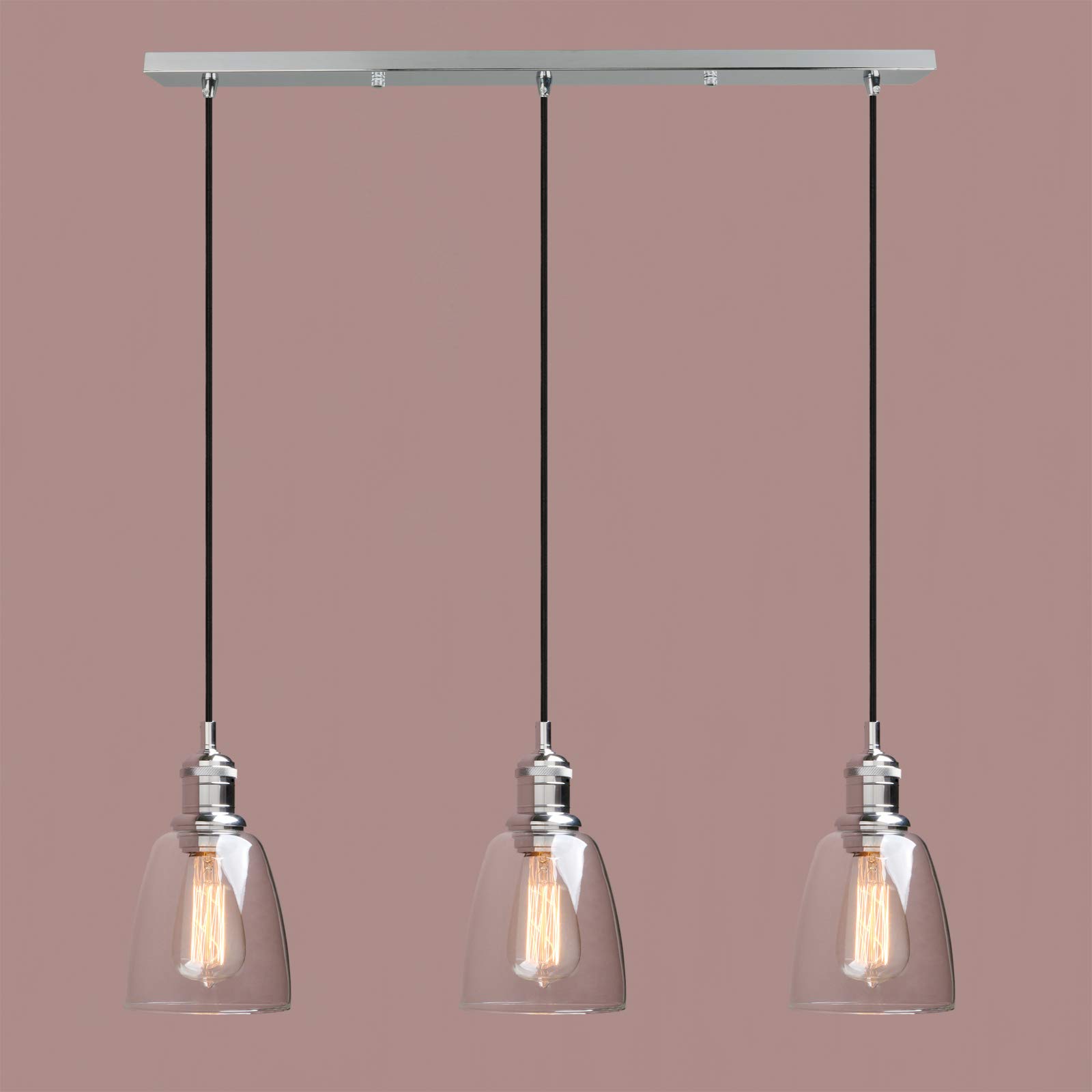 Yosoan Lighting Industrial Modern Vintage Loft Bar 3 Way Pendant Light Fittings Bell Glass Shade Chandelier, Hanging Ceiling 3 Lights Fixture for Dining Room Living Room Restaurant Cafe (Chrome)