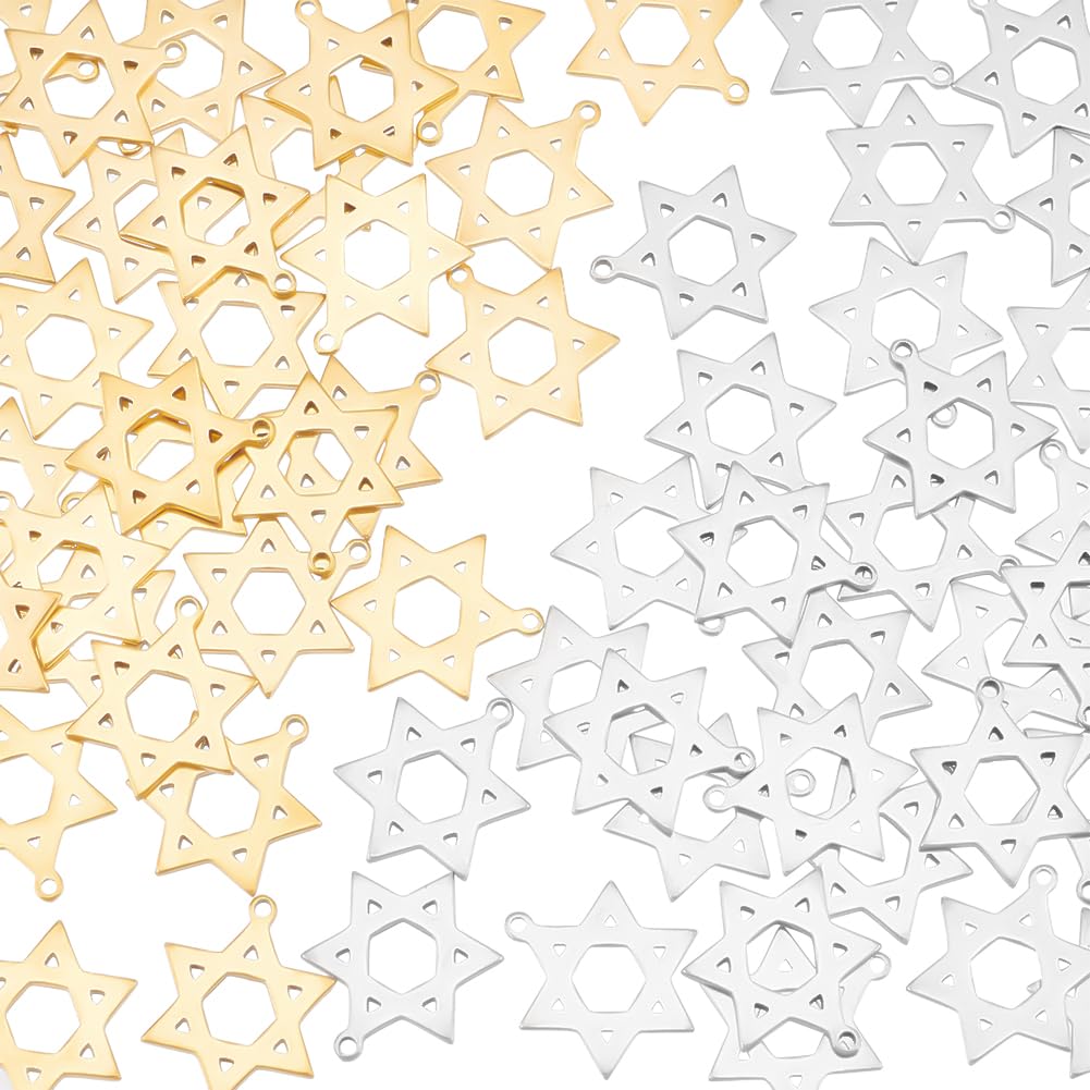 UNICRAFTALE 60Pcs 2 Colors Religion Theme Pendant 304 Stainless Steel Star of David Charms Tiny Six Pointed Star Pendant Accessories Hole 1.2mm for Necklace Bracelet Jewelry Making DIY Crafting