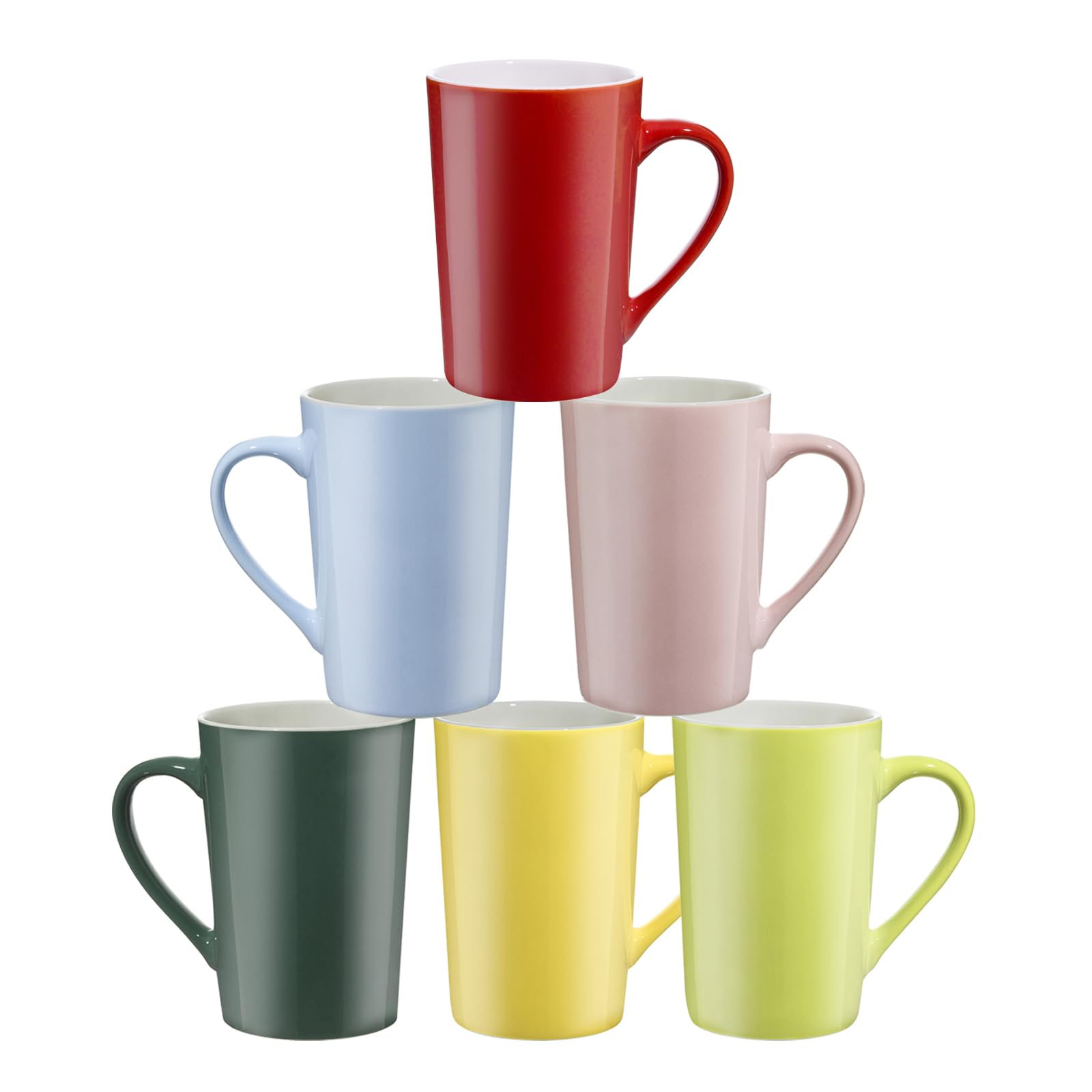 SZNIUSHAO-Multi-Coloured Ceramic Mugs Set of 6-13.5oz / 400ml -Coffee Mugs-Cappuccino-Tea Cups- Hot Chocolate Cups (Red, Blue, Yellow, Green, Pink, Blackish Green, Large)