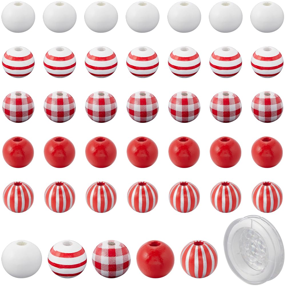 SOFPLATE 155Pcs 16mm Red and White Wood Beads Christmas Wooden beads Round Farmhouse Bead with 10.93 Yards/10m Stretchy Beading Elastic Thread Kits for jewellery Making DIY Necklace Bracelets Crafts