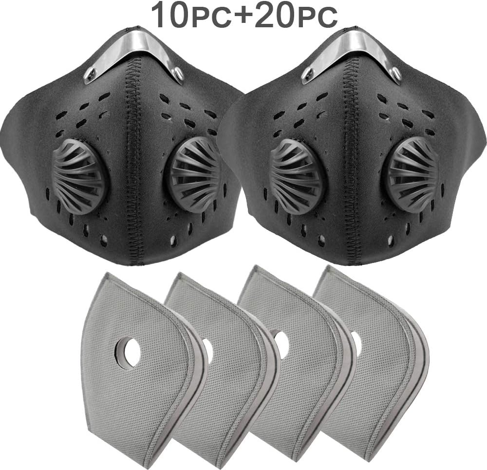 10PCS Face Shields with 20PCS Carbon Filter, PM2.5 Neoprene Unisex Face Cover-Anti Dust Pollution Pollen Allergy, Washable Windproof Breathing Cover for Bicycle, Cycling,Sports, Motorcycling (Black)